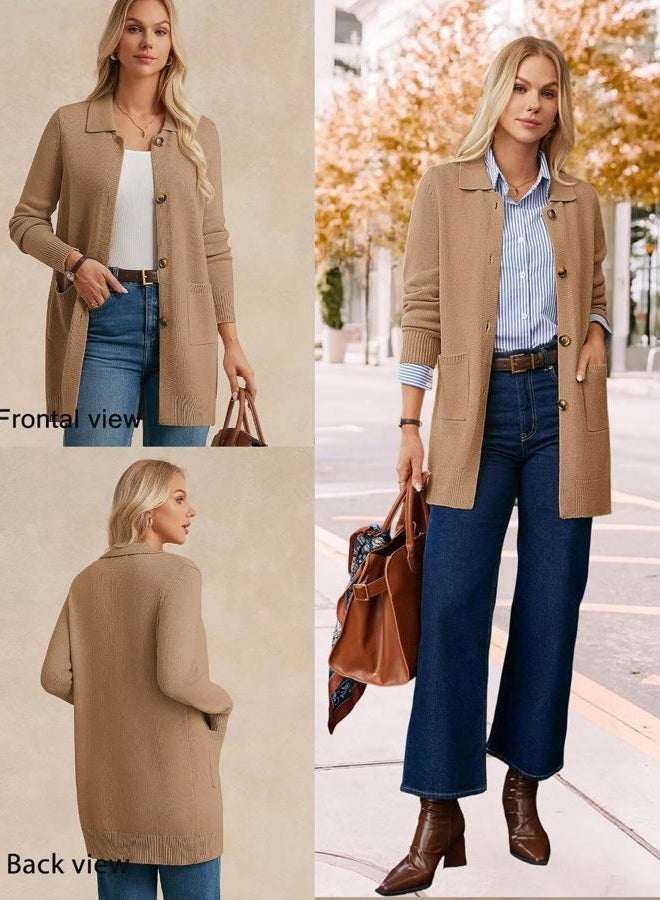 GRACE KARIN Women's Fall Long Cardigan Sweaters with Pockets, Button Knit Blazer Trendy, Open Front Dressy Casual Jacket, Camel, L - Image 2