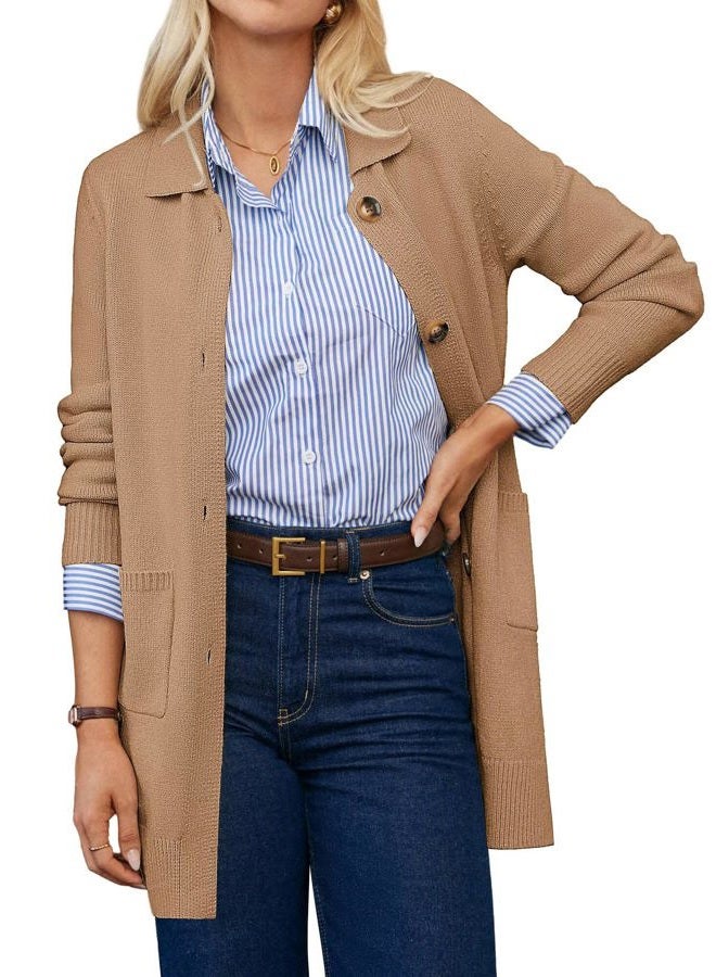 GRACE KARIN Women's Fall Long Cardigan Sweaters with Pockets, Button Knit Blazer Trendy, Open Front Dressy Casual Jacket, Camel, L - Image 1