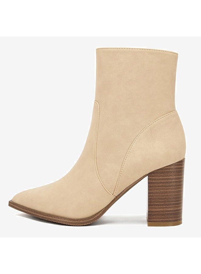LAICIGO Women's Pointed Toe Ankle Boots Chunky Stacked Heel Side Zipper Faux Leather Ankle Booties, Beige, 6 - Image 4