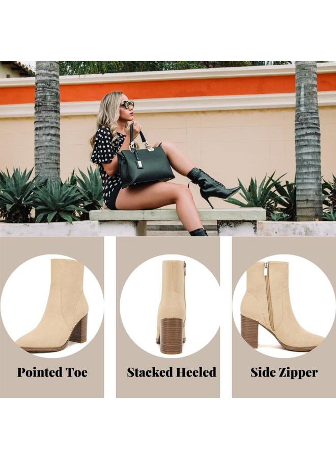 LAICIGO Women's Pointed Toe Ankle Boots Chunky Stacked Heel Side Zipper Faux Leather Ankle Booties, Beige, 6 - Image 5