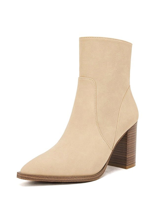 LAICIGO Women's Pointed Toe Ankle Boots Chunky Stacked Heel Side Zipper Faux Leather Ankle Booties, Beige, 6 - Image 1
