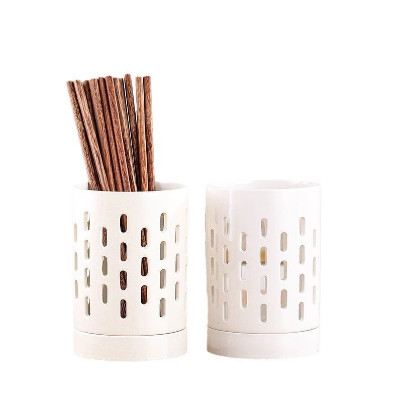 Hollow Ceramic Chopstick Cage Carving Chopstick Barrel Kitchen Storage Draining Mildew-proof Chopstick Barrel Planting Phalaenopsis Flower Pot(Diaotong chopstick holder green [stripes]) - Image 5