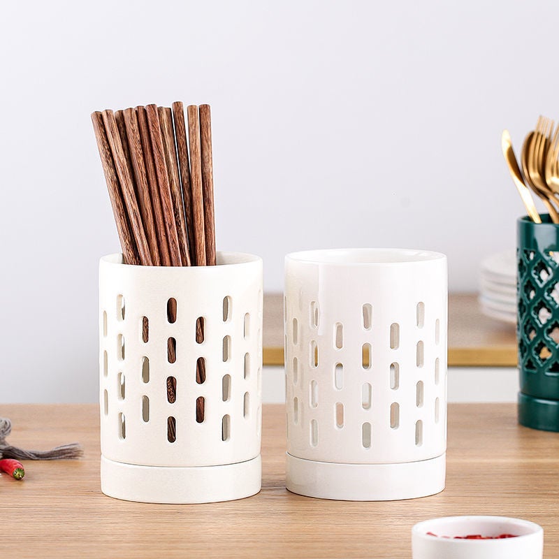 Hollow Ceramic Chopstick Cage Carving Chopstick Barrel Kitchen Storage Draining Mildew-proof Chopstick Barrel Planting Phalaenopsis Flower Pot(Diaotong chopstick holder green [stripes]) - Image 4
