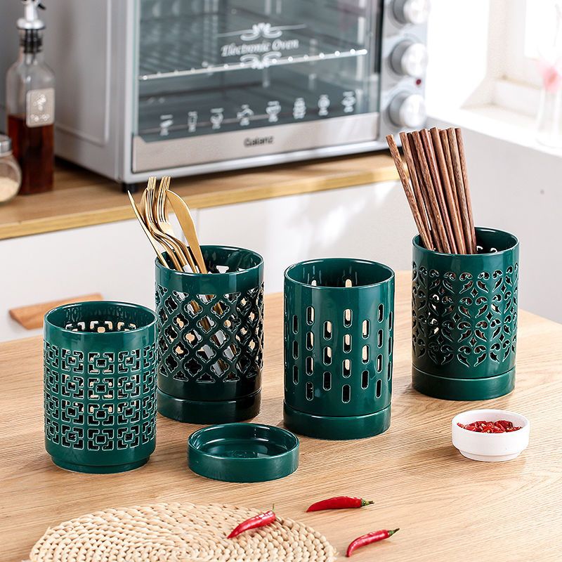 Hollow Ceramic Chopstick Cage Carving Chopstick Barrel Kitchen Storage Draining Mildew-proof Chopstick Barrel Planting Phalaenopsis Flower Pot(Diaotong chopstick holder green [stripes]) - Image 2