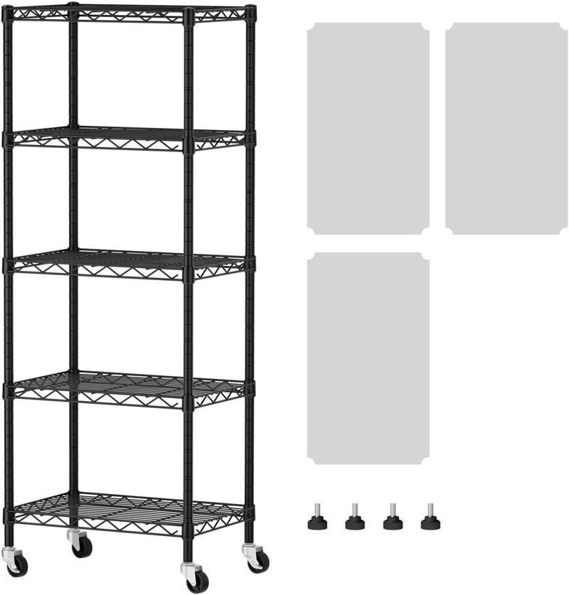 SINGAYE 5 Shelves Storage Shelf Wire Closet Bathroom Organizers Metal Pantry Kitchen Small Garage Shelving Unit Laundry Room Organization Home Narrow Rack Net Basket with Wheels Black - Image 1