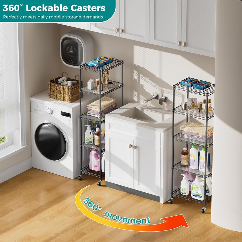 SINGAYE 5 Shelves Storage Shelf Wire Closet Bathroom Organizers Metal Pantry Kitchen Small Garage Shelving Unit Laundry Room Organization Home Narrow Rack Net Basket with Wheels Black - Image 5