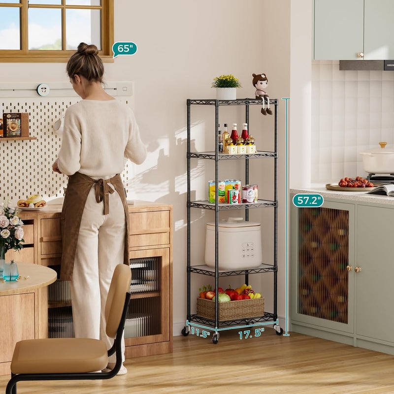 SINGAYE 5 Shelves Storage Shelf Wire Closet Bathroom Organizers Metal Pantry Kitchen Small Garage Shelving Unit Laundry Room Organization Home Narrow Rack Net Basket with Wheels Black - Image 2