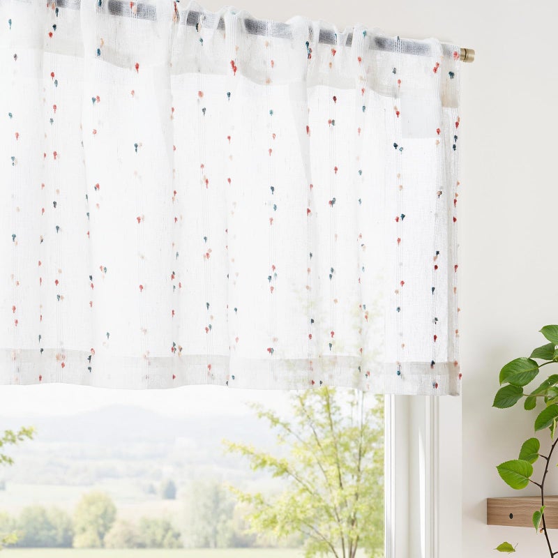 jinchan Valance Curtains for Windows 16 Inch Colorful Mini PomPom Country Farmhouse Kitchen Valance Semi Sheer Voile Samll Window Treatment for Bedroom Living Room Rod Pocket 1 Panel Blush Meadow - Image 2