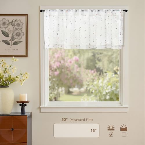 jinchan Valance Curtains for Windows 16 Inch Colorful Mini PomPom Country Farmhouse Kitchen Valance Semi Sheer Voile Samll Window Treatment for Bedroom Living Room Rod Pocket 1 Panel Blush Meadow - Image 3