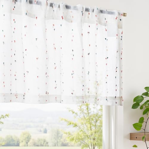 jinchan Valance Curtains for Windows 16 Inch Colorful Mini PomPom Country Farmhouse Kitchen Valance Semi Sheer Voile Samll Window Treatment for Bedroom Living Room Rod Pocket 1 Panel Blush Meadow - Image 1