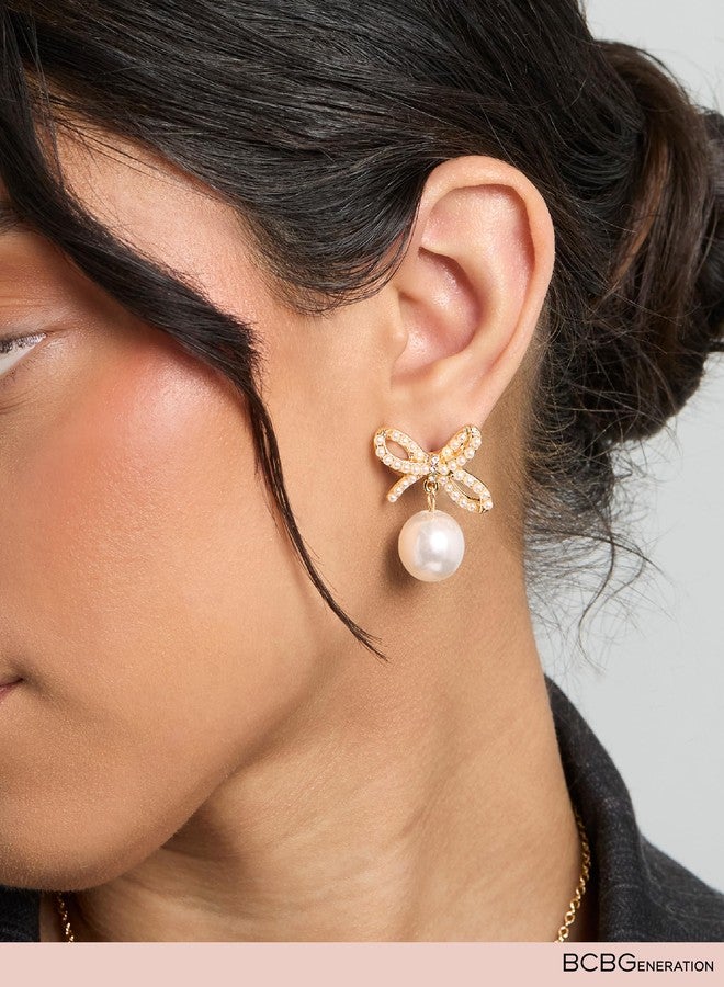 بي سي بي جينيريشن أقراط مرصعة بفيونكة من بي سي بي جينيريشن للنساء، مزينة باللؤلؤ المتدلي والكريستالات الصغيرة، مثالية لحفلات التخرج والزفاف. - Image 2