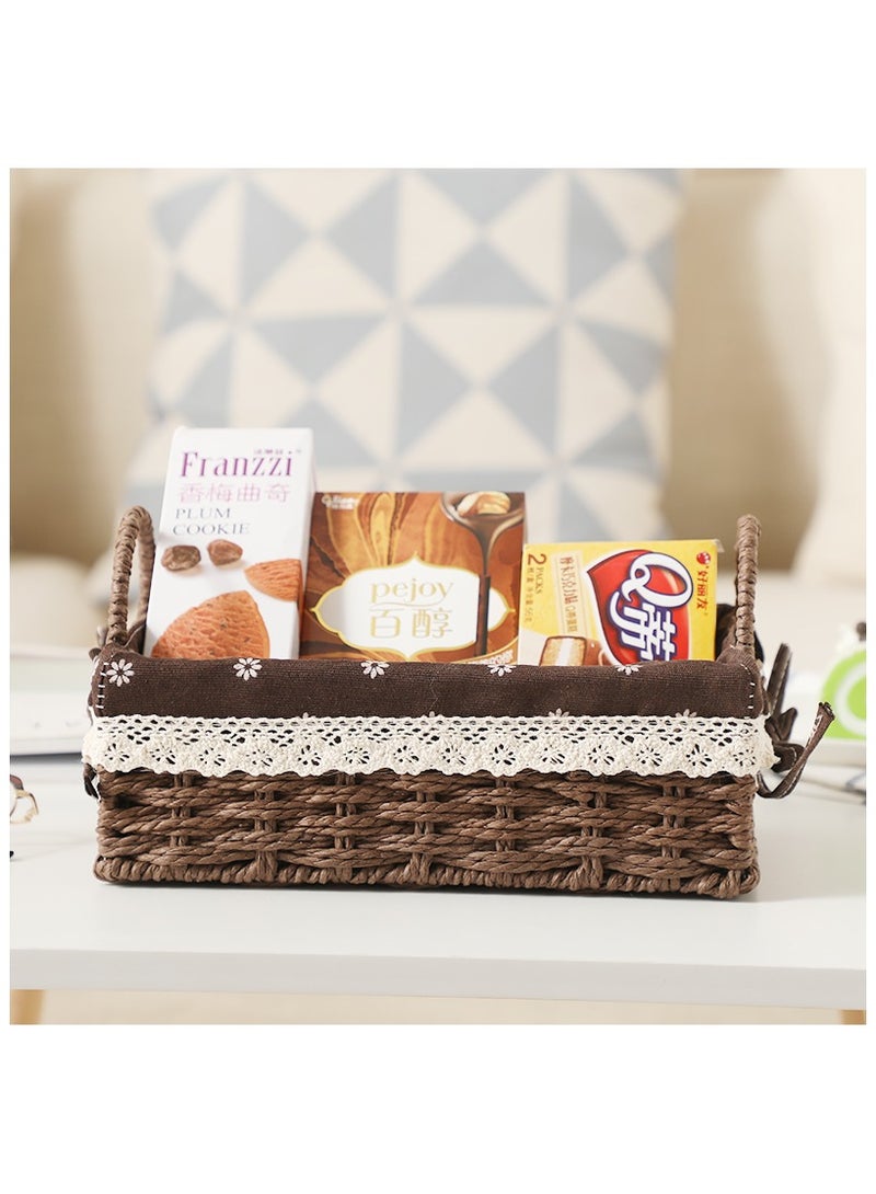 Set of 2 Eco-Friendly Handwoven Storage Baskets with Handles – Durable Rectangular Woven Bins with Sturdy Plastic Frame and Removable Fabric Liners, Home Organization for Living Room, Bedroom, Bathroom, and Nursery – Brown