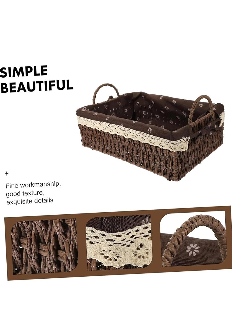 Set of 2 Eco-Friendly Handwoven Storage Baskets with Handles – Durable Rectangular Woven Bins with Sturdy Plastic Frame and Removable Fabric Liners, Home Organization for Living Room, Bedroom, Bathroom, and Nursery – Brown