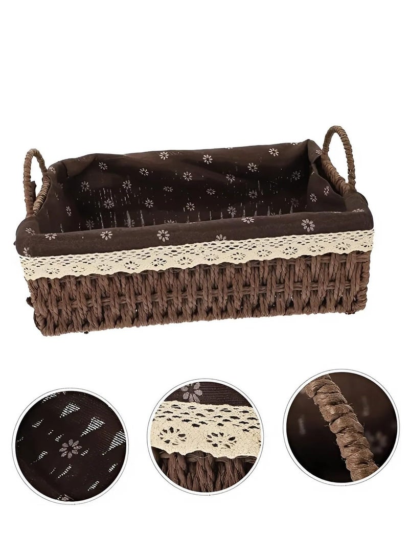 Set of 2 Eco-Friendly Handwoven Storage Baskets with Handles – Durable Rectangular Woven Bins with Sturdy Plastic Frame and Removable Fabric Liners, Home Organization for Living Room, Bedroom, Bathroom, and Nursery – Brown