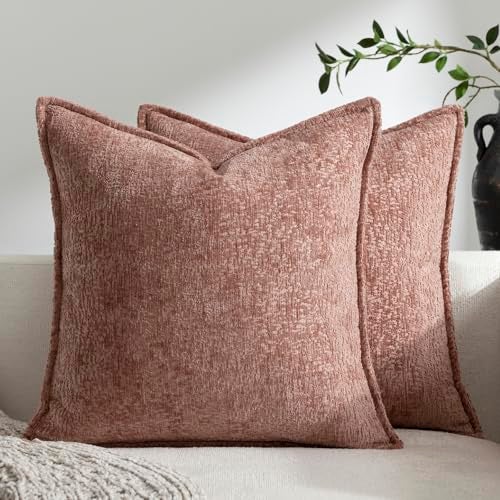 DEZENE Pack of 2 Pink Decorative Throw Pillow Covers 18x18 Cozy Soft Chenille Boho Accent Vintage Farmhouse Square Couch Pillow Covers for Home Decor Bed Sofa Living Room - Image 1