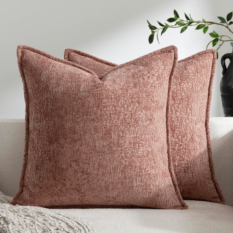 DEZENE Pack of 2 Pink Decorative Throw Pillow Covers 18x18 Cozy Soft Chenille Boho Accent Vintage Farmhouse Square Couch Pillow Covers for Home Decor Bed Sofa Living Room - Image 2