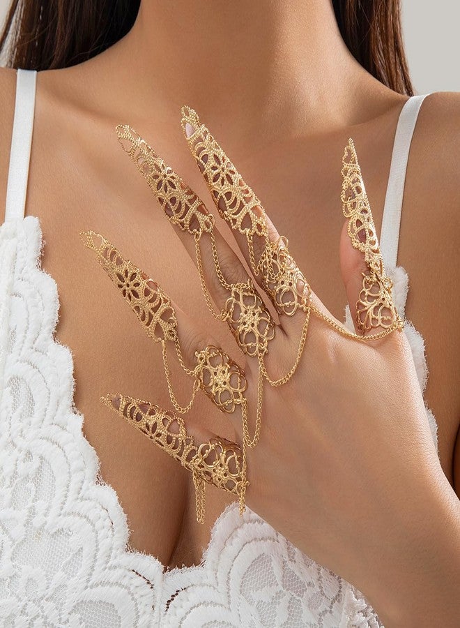 Jumwrit Finger Nail Tip Claw Rings Bracelet Gothic Hollow Nails Ancient Queen Halloween Cosplay Indian Egyptian Belly Dance Bracelet Punk Layered Tassel Hand Chain Accessories for Women (Gold) - Image 3