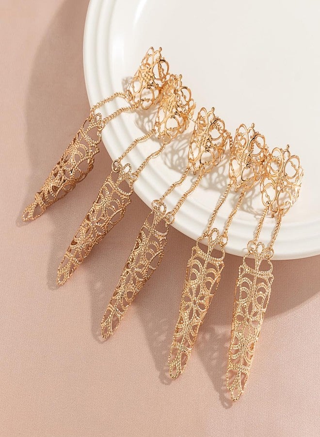Jumwrit Finger Nail Tip Claw Rings Bracelet Gothic Hollow Nails Ancient Queen Halloween Cosplay Indian Egyptian Belly Dance Bracelet Punk Layered Tassel Hand Chain Accessories for Women (Gold) - Image 4