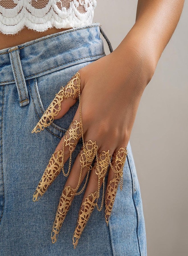 Jumwrit Finger Nail Tip Claw Rings Bracelet Gothic Hollow Nails Ancient Queen Halloween Cosplay Indian Egyptian Belly Dance Bracelet Punk Layered Tassel Hand Chain Accessories for Women (Gold) - Image 2