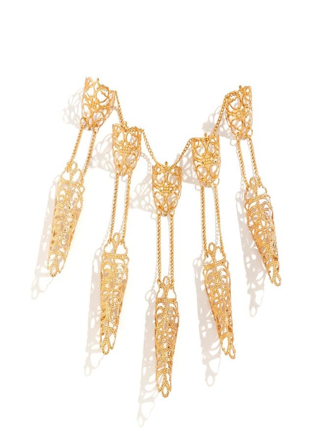 Jumwrit Finger Nail Tip Claw Rings Bracelet Gothic Hollow Nails Ancient Queen Halloween Cosplay Indian Egyptian Belly Dance Bracelet Punk Layered Tassel Hand Chain Accessories for Women (Gold) - Image 5