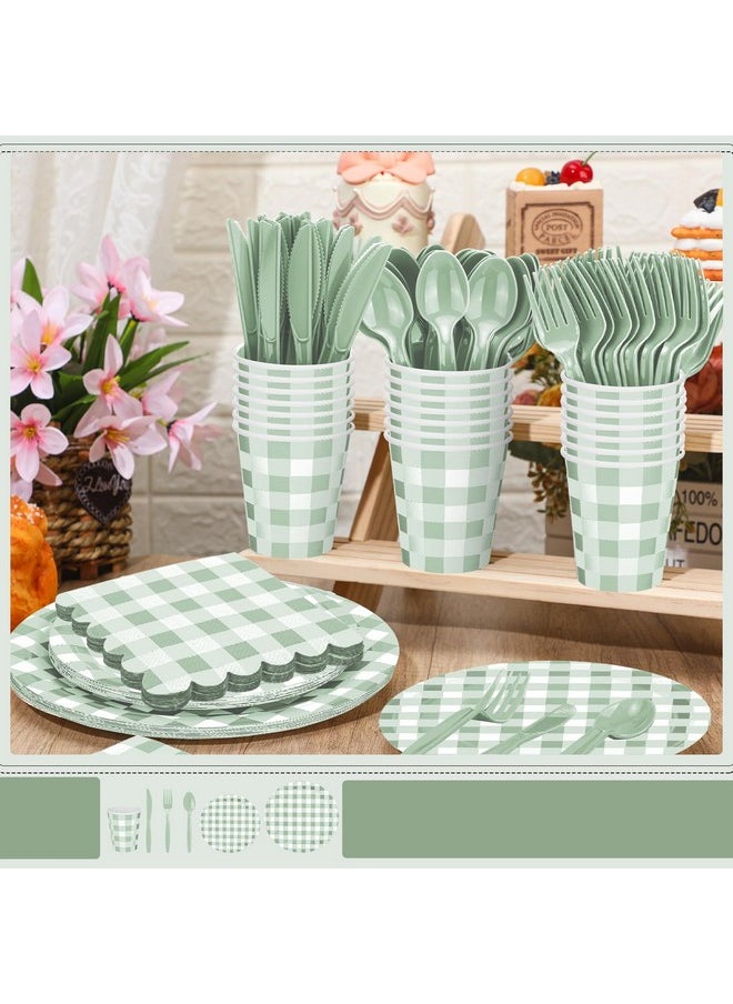 Newtay Newtay 168 Pcs Gingham Party Supplies for 24 Guests Paper Plates Knives Spoons Forks Napkins Cups Disposable Set Cutlery for Checkered Dinner Wedding Party Favor(Sage Green)  - Image 3