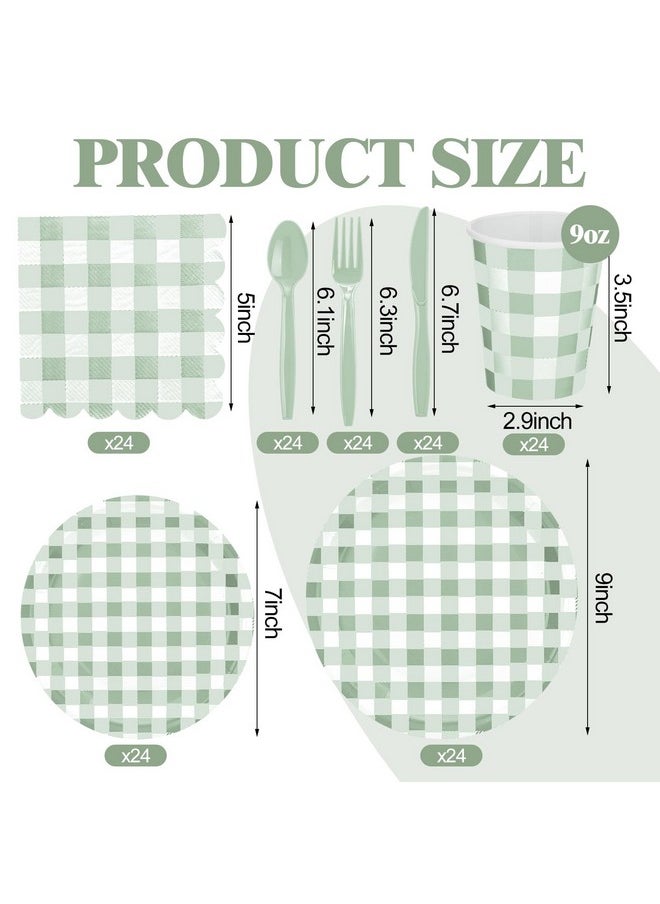 Newtay Newtay 168 Pcs Gingham Party Supplies for 24 Guests Paper Plates Knives Spoons Forks Napkins Cups Disposable Set Cutlery for Checkered Dinner Wedding Party Favor(Sage Green)  - Image 2