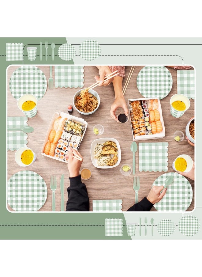 Newtay Newtay 168 Pcs Gingham Party Supplies for 24 Guests Paper Plates Knives Spoons Forks Napkins Cups Disposable Set Cutlery for Checkered Dinner Wedding Party Favor(Sage Green)  - Image 4