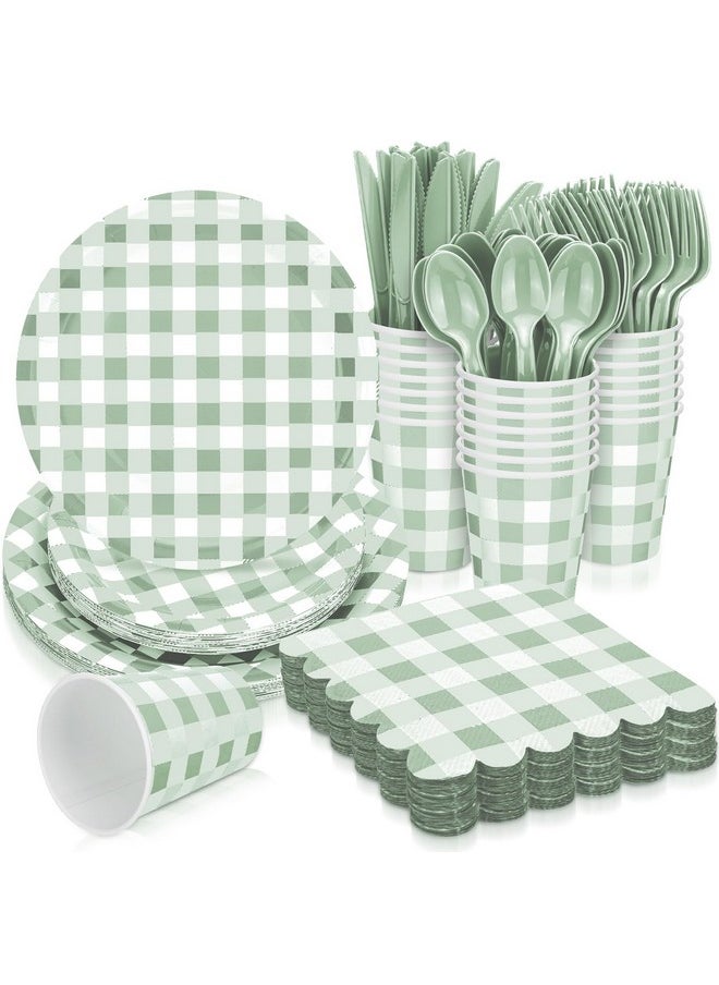 Newtay Newtay 168 Pcs Gingham Party Supplies for 24 Guests Paper Plates Knives Spoons Forks Napkins Cups Disposable Set Cutlery for Checkered Dinner Wedding Party Favor(Sage Green)  - Image 1
