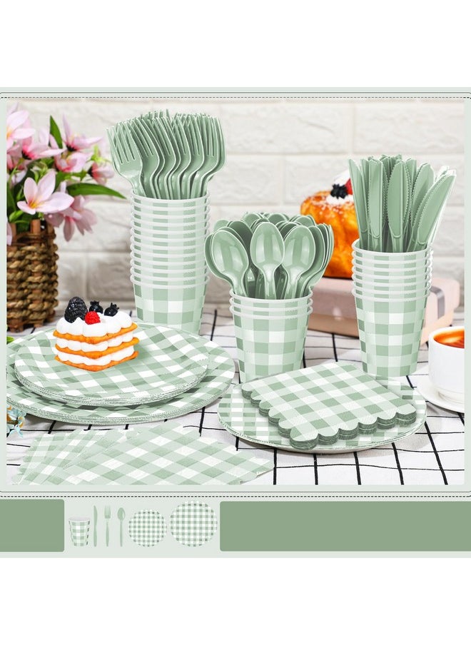 Newtay Newtay 168 Pcs Gingham Party Supplies for 24 Guests Paper Plates Knives Spoons Forks Napkins Cups Disposable Set Cutlery for Checkered Dinner Wedding Party Favor(Sage Green)  - Image 5