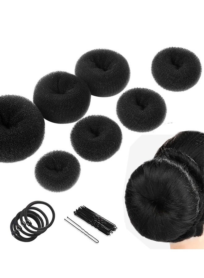 GUSGU Hair Donut Bun Maker Set, Hair Bun Maker Set with 7pcs Black Donut Bun Makers (1 extra-large, 2 large, 2 medium and 2 small), 5 pieces Hair Elastic Bands, 12 pieces Hair Pins - Image 1