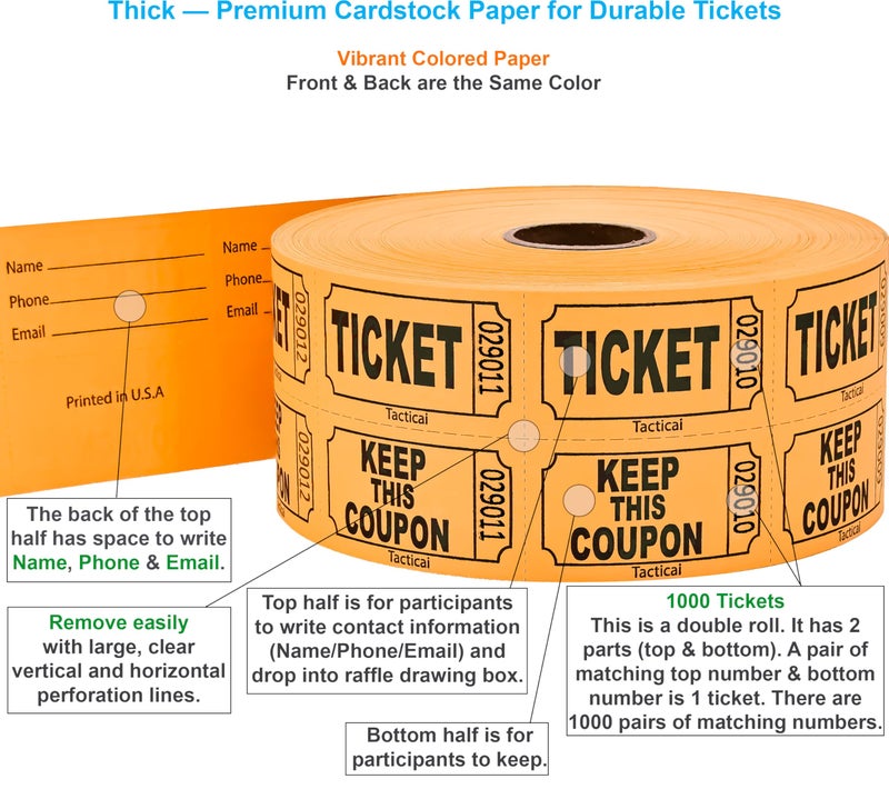 Tacticai 1000 Tacticai Raffle Tickets, Orange (1 of 8 Colors), Double Roll, Ticket for Events, Entry, Class Reward, Fundraiser & Prizes - Image 2