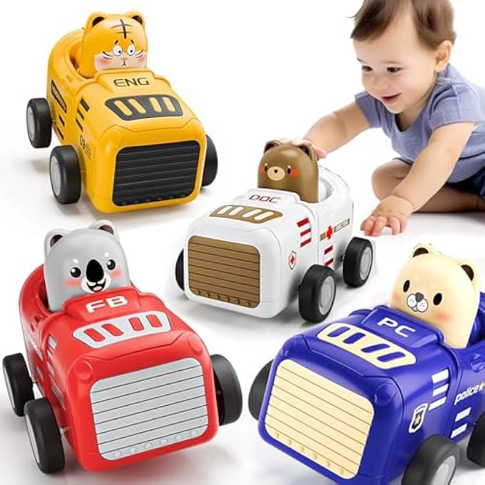 PRESS AND GO CAR TOYS FOR TODDLERS 1-3 - ANIMAL RACING CARS, INFANT PLAY VEHICLE SET, INTERACTIVE EDUCATIONAL TOY FOR WALKING & MOTOR SKILLS, BOYS & GIRLS BIRTHDAY PARTY FAVORS GIFT (4 PCS) - Image 1