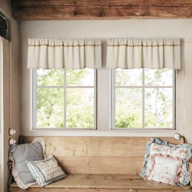 Oindec 2 Pack Cotton Linen Valance for Windows with Burlap Lace Trim Rustic Farmhouse 12 inch Kitchen Valance Rod Pocket Neutral Short Curtain Topper Window Treatment - Image 2