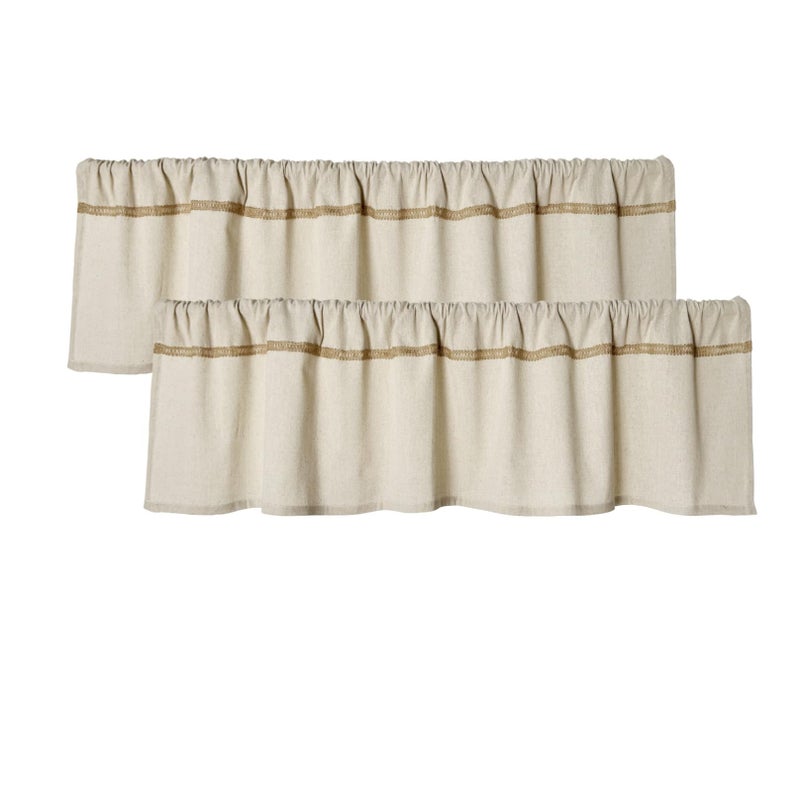 Oindec 2 Pack Cotton Linen Valance for Windows with Burlap Lace Trim Rustic Farmhouse 12 inch Kitchen Valance Rod Pocket Neutral Short Curtain Topper Window Treatment - Image 1