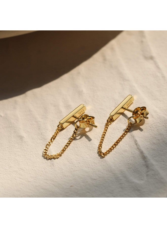 S.Leaf أقراط دراسات مع سلسلة أقراط فضة استرلينية للنساء أقراط بار أقراط متدلية للنساء عصرية (A_Square_Bar_Chain_Gold) - Image 2