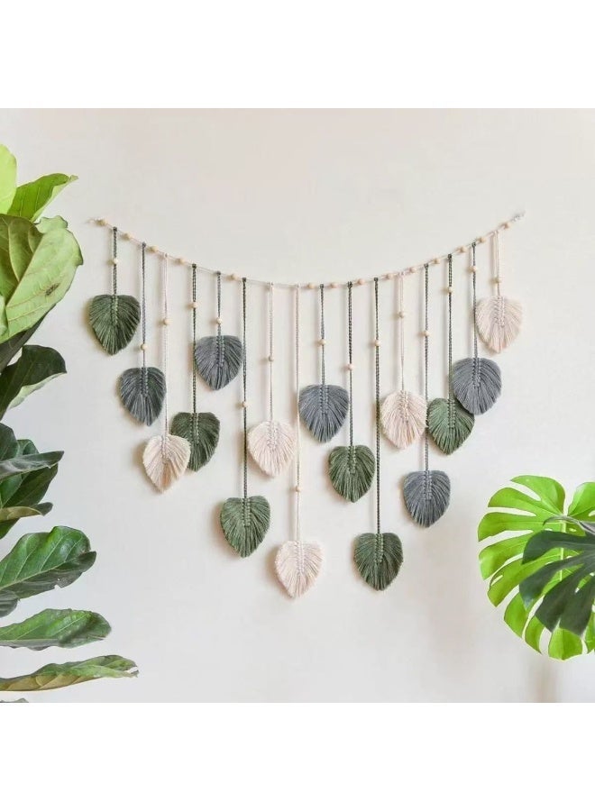 Handwoven Leaf Tapestry with Wooden Beads, Bohemian Style Home Wall Hanging Decoration - Image 1