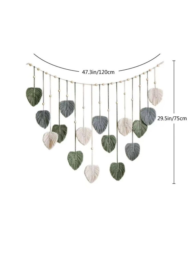 Handwoven Leaf Tapestry with Wooden Beads, Bohemian Style Home Wall Hanging Decoration - Image 2
