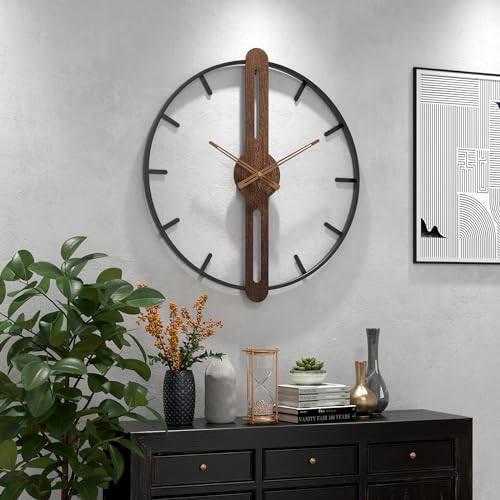 DAYDAYART Modern Walnut Dial Wall Clock, Wood Large Wall Clock Decor Metal Frame Silent Non Ticking for Living Room, Bedroom, Kitchen, Study Decoration, Handmade Home Present Idea, 24 in （60 cm） - Image 1
