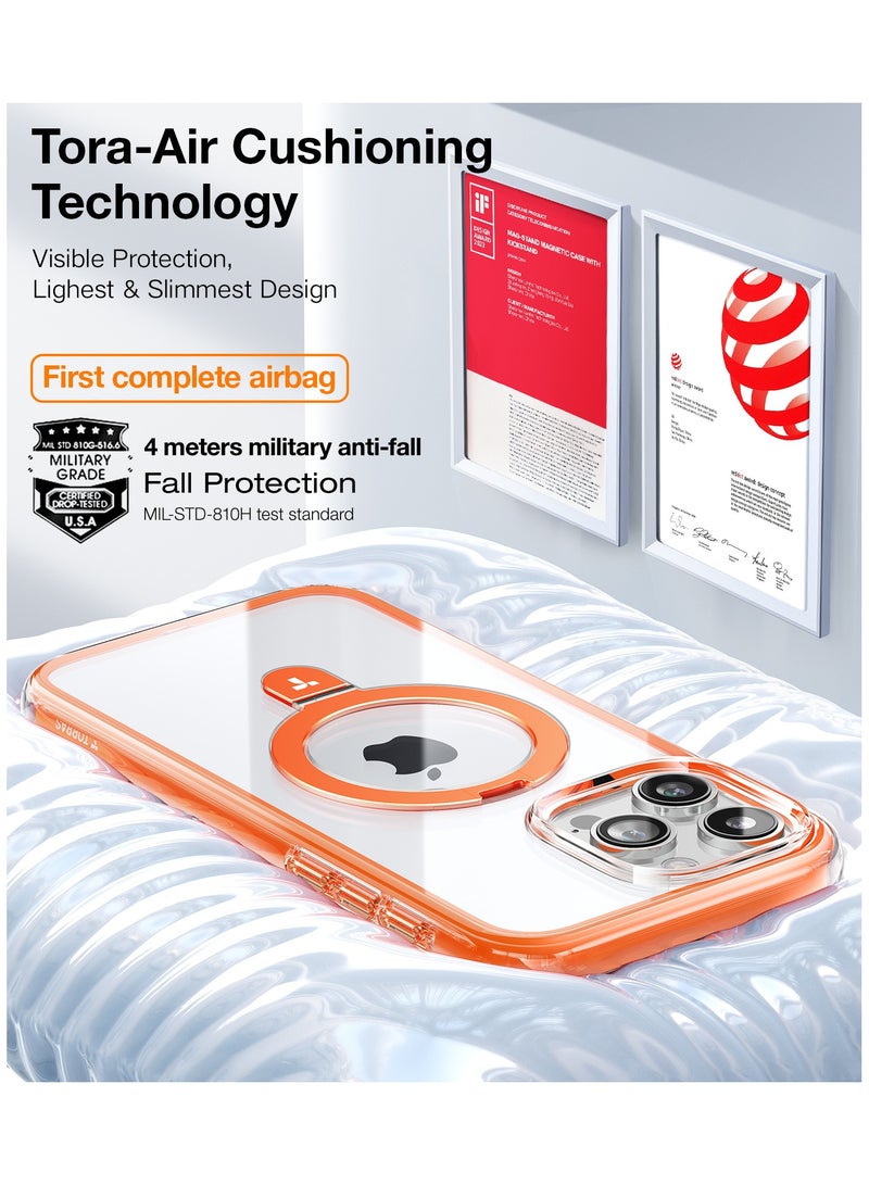 TORRAS 360° Encircling Air Cushion Ultra Protection, Magnetic Ostand SS Air Designed for iPhone 15 Pro Case, Compatible with MagSafe, Horizontal/Vertical Kickstand, Clear Slim Hard Back Soft Edge Anti-Yellowing Technology, Orange Orange - Image 5