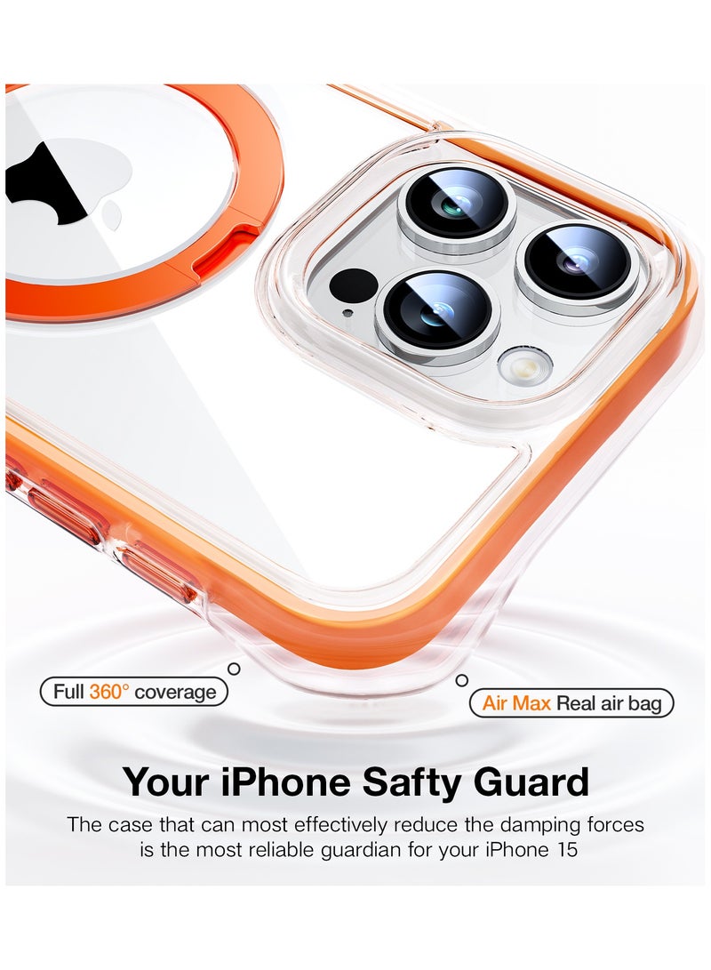 TORRAS 360° Encircling Air Cushion Ultra Protection, Magnetic Ostand SS Air Designed for iPhone 15 Pro Case, Compatible with MagSafe, Horizontal/Vertical Kickstand, Clear Slim Hard Back Soft Edge Anti-Yellowing Technology, Orange Orange - Image 2