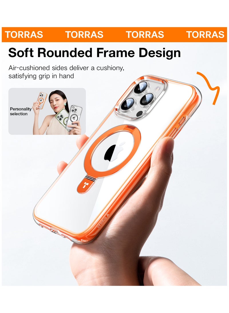 TORRAS 360° Encircling Air Cushion Ultra Protection, Magnetic Ostand SS Air Designed for iPhone 15 Pro Case, Compatible with MagSafe, Horizontal/Vertical Kickstand, Clear Slim Hard Back Soft Edge Anti-Yellowing Technology, Orange Orange - Image 4