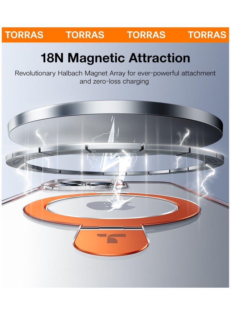 TORRAS 360° Encircling Air Cushion Ultra Protection, Magnetic Ostand SS Air Designed for iPhone 15 Pro Case, Compatible with MagSafe, Horizontal/Vertical Kickstand, Clear Slim Hard Back Soft Edge Anti-Yellowing Technology, Orange Orange - Image 3