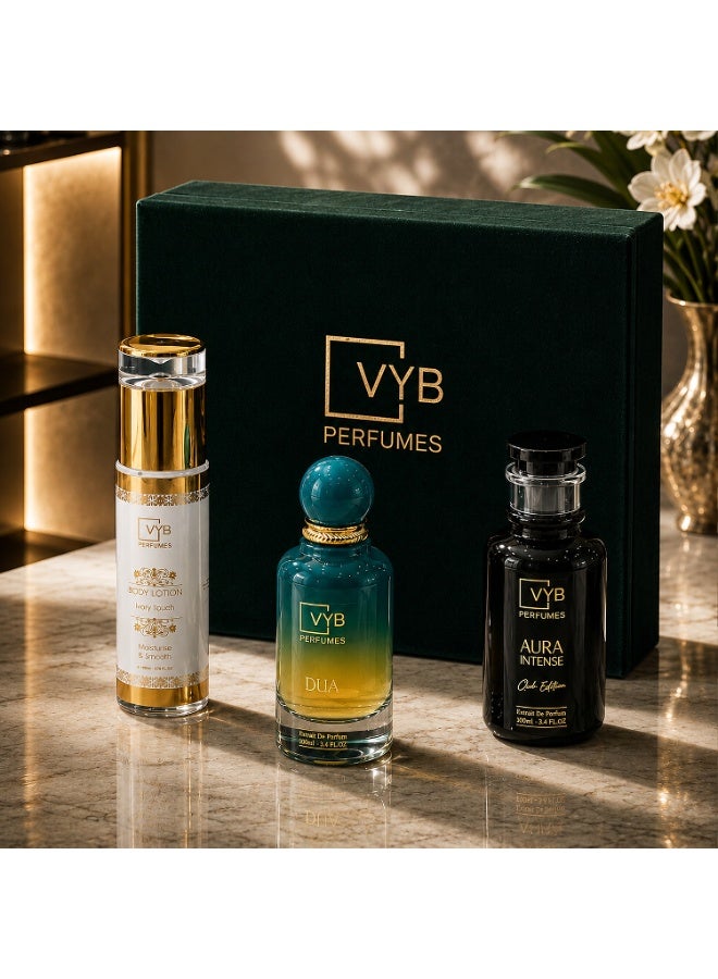 VYB Perfumes AID Luxury Gift Box Collection for Men and Women - Aura Intense Club Edition & Dua Extrait De Parfum with Ivory Touch Body Lotion, Premium Fragrance Gift Set for Daily Wear & Special Occasions - Image 2