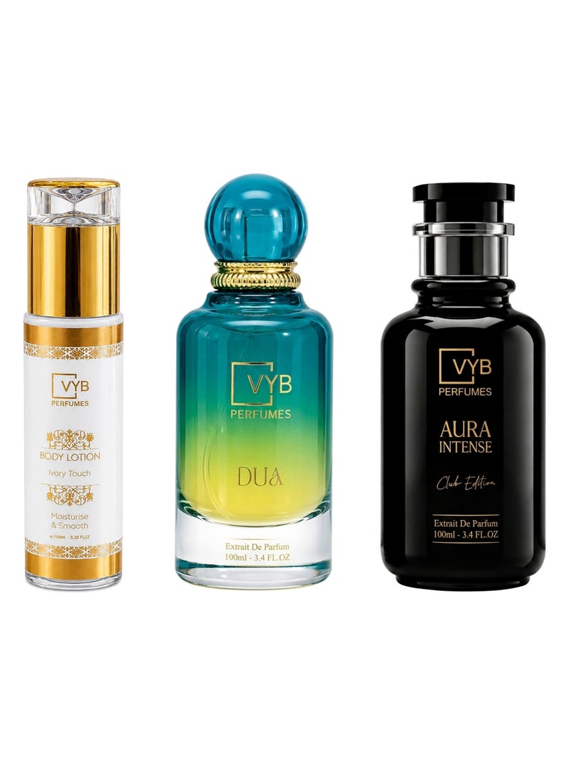 VYB Perfumes AID Luxury Gift Box Collection for Men and Women - Aura Intense Club Edition & Dua Extrait De Parfum with Ivory Touch Body Lotion, Premium Fragrance Gift Set for Daily Wear & Special Occasions - Image 1