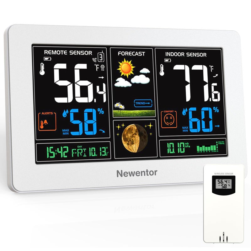 Newentor Weather Station Wireless Indoor Outdoor Thermometer, Color Display Digital Weather Thermometer with Atomic Clock, Barometric Pressure, Forecast Station with Adjustable Backlight, White - Image 1