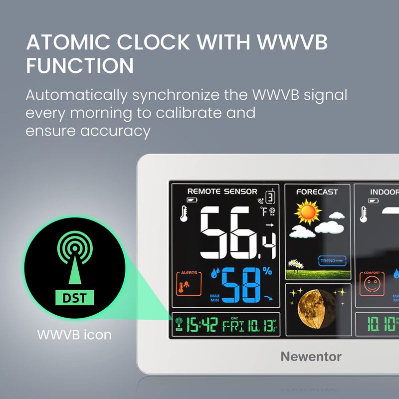 Newentor Weather Station Wireless Indoor Outdoor Thermometer, Color Display Digital Weather Thermometer with Atomic Clock, Barometric Pressure, Forecast Station with Adjustable Backlight, White - Image 4