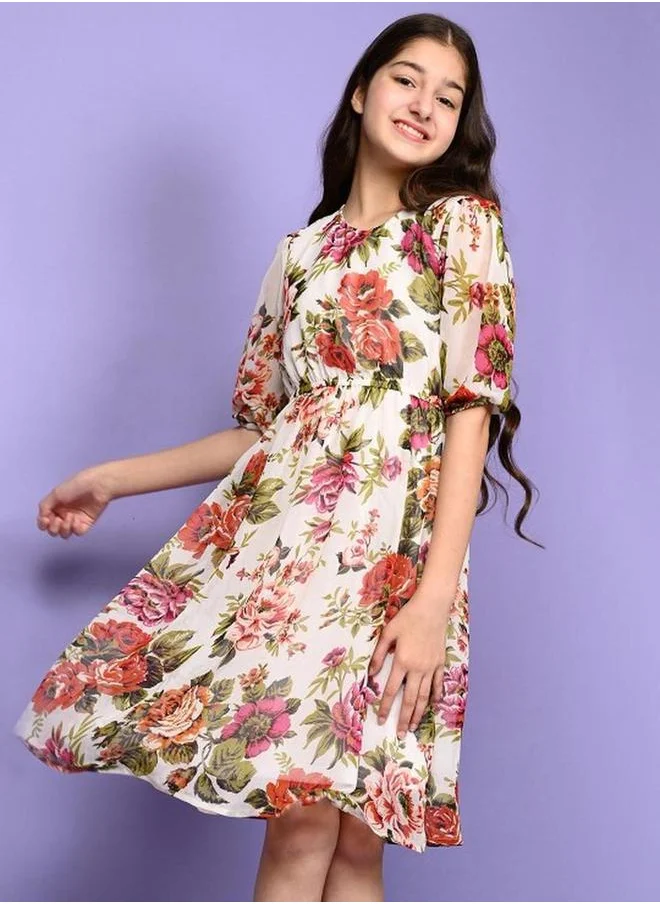 ليلك Floral Print Round Neck Gathered Detail Dress