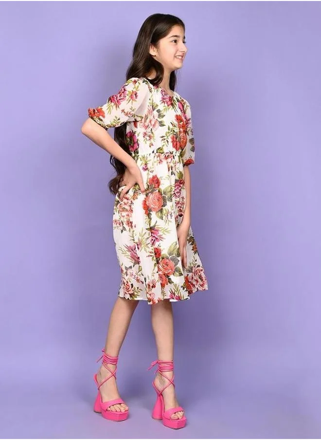 ليلك Floral Print Round Neck Gathered Detail Dress