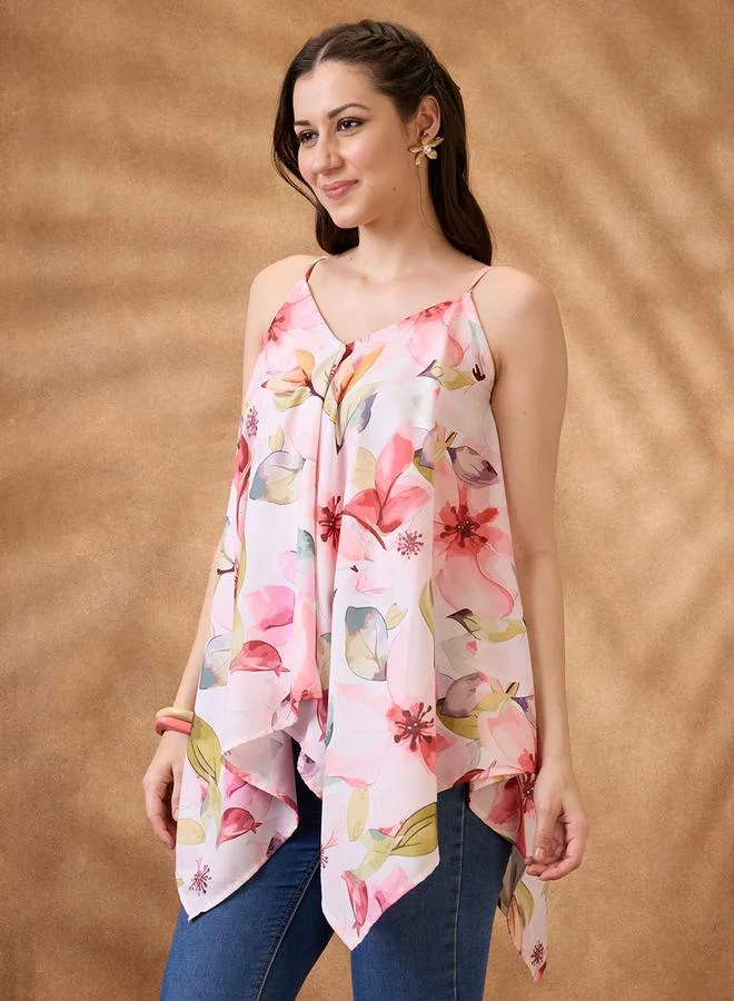 globus Floral Print Asymmetric Hem Fusion Tunic