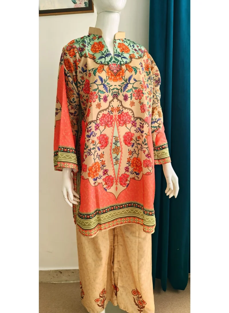 Bazm-A Fashion Atelier  2-Piece Floral Print Ethnic Suit for Women - Orange & Beige for Women | Best Price UAE